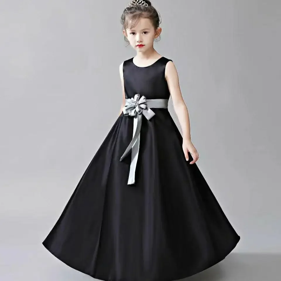 

Children's Princess Noble girls piano catwalk dress elegant black satin long host evening dress