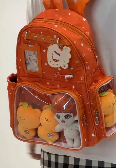 22026 New Orange Star Pain Backpack Lta Bag School Bags High School Girls Large Capacity College Style Student Backpack Female
