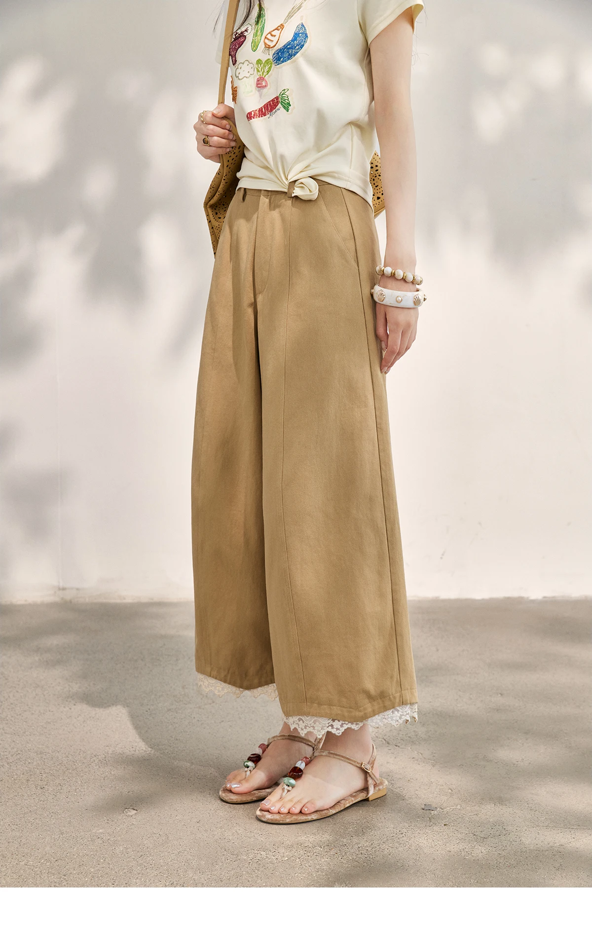 MISHOW Khaki High Waisted Wide Leg Cropped Pants For Women 2026 Summer Lace Trimmed Hem Retro Casual Loose Pants MXF24K1294