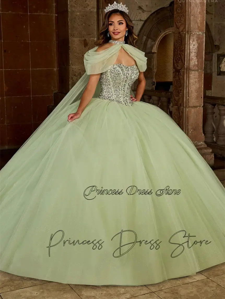 

Shiny Green Off Shoulder Quinceanera Dress Detachable cape Ball Gown Applique Beading Mexican Corset Sweet 16 Vestidos De15 Anos