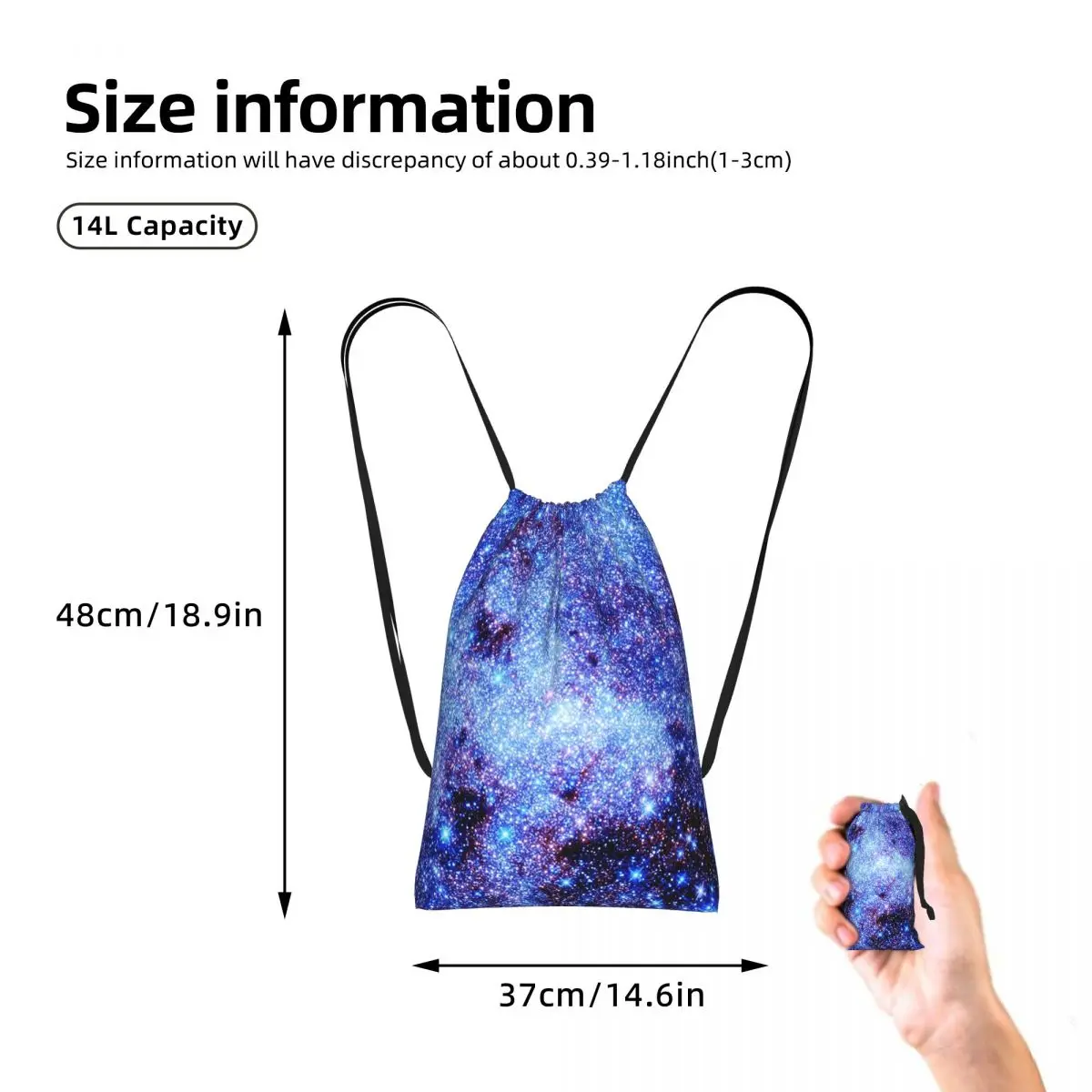 Galaxy Sparkle Stars Periwinkle Blue Drawstring Backpack hiking cycling Bag Portable Travel Drawstring Bag for Men Women