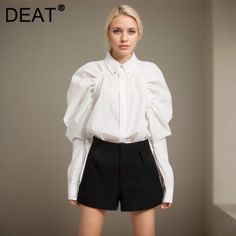 DEAT Fashion Diamond Buckle Shirt Raglan Sleeves Folds Covered Breasted Loose Solid Color Designe Blouse Spring 2025 New CPG2607