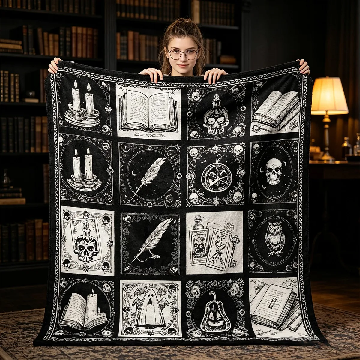 1pc Halloween Raven Pumpkin Skull‑Print Throw Blanket, Spooky Home Decor, Dark‑Fantasy Gift for Horror Lovers