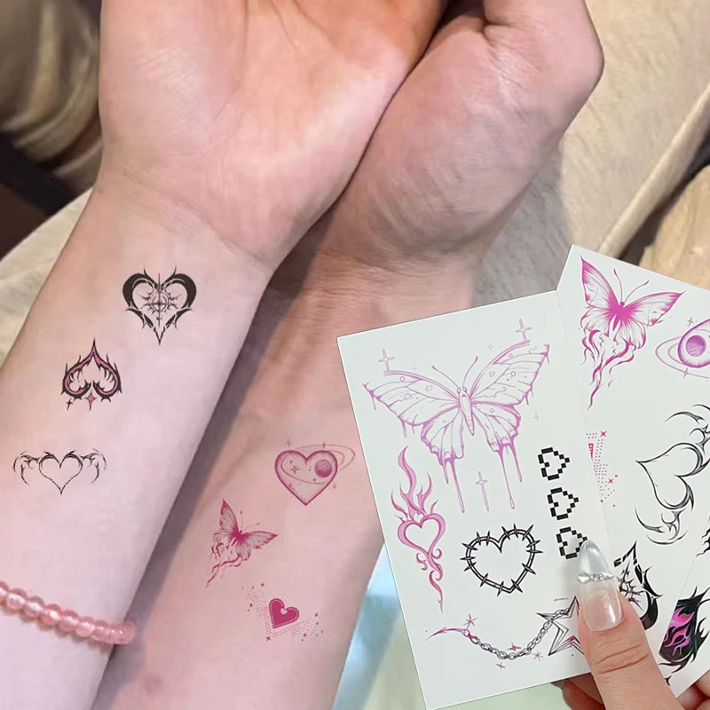 

10pcs Y2K Pink Black Love Tattoo Waterproof Temporary Gothic Tattoos Sticker Spider Web Butterfly Heart Adhesive Arm Body Arts