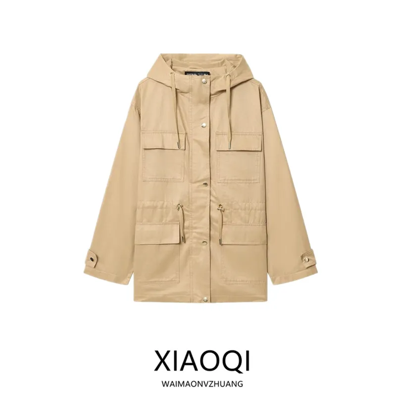 

Осень 2023, новая женская куртка с капюшоном и воротником-стойкой и поясом, длинная верхняя одежда средней длины с несколькими кетами