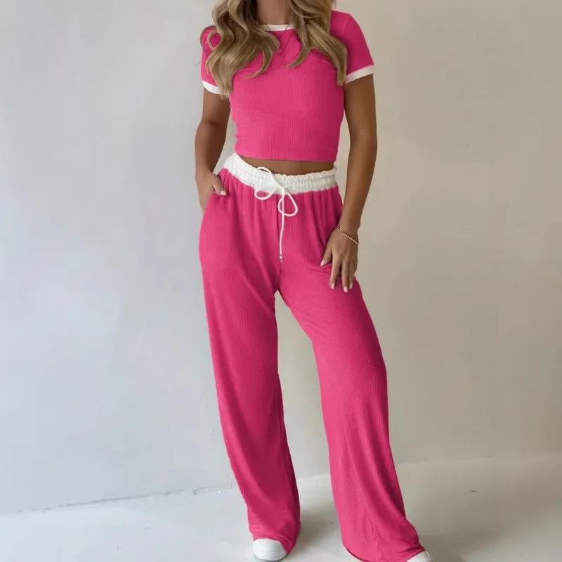 Women 2-Piece Casual Outfit Short Sleeve Cropped Top High Waist Wide Leg Trousers Soft Loungewear Matching Set