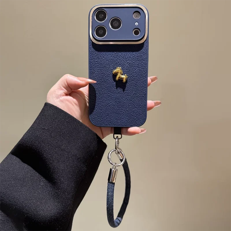 Blue Texture Acrylic Phone Case For iPhone 17 Pro Max 16 15 Pro Max 14 13 Pro Max Cover With 3D Metal Horse Decor & Wrist Strap