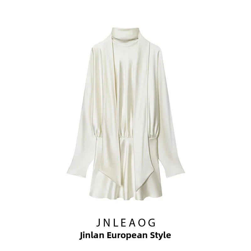 Seidensatin-Feeling-Schal verziert ort Dr Ele Quali Herbst New Sle Damen Faion Straight Tube Rock Long Sve...