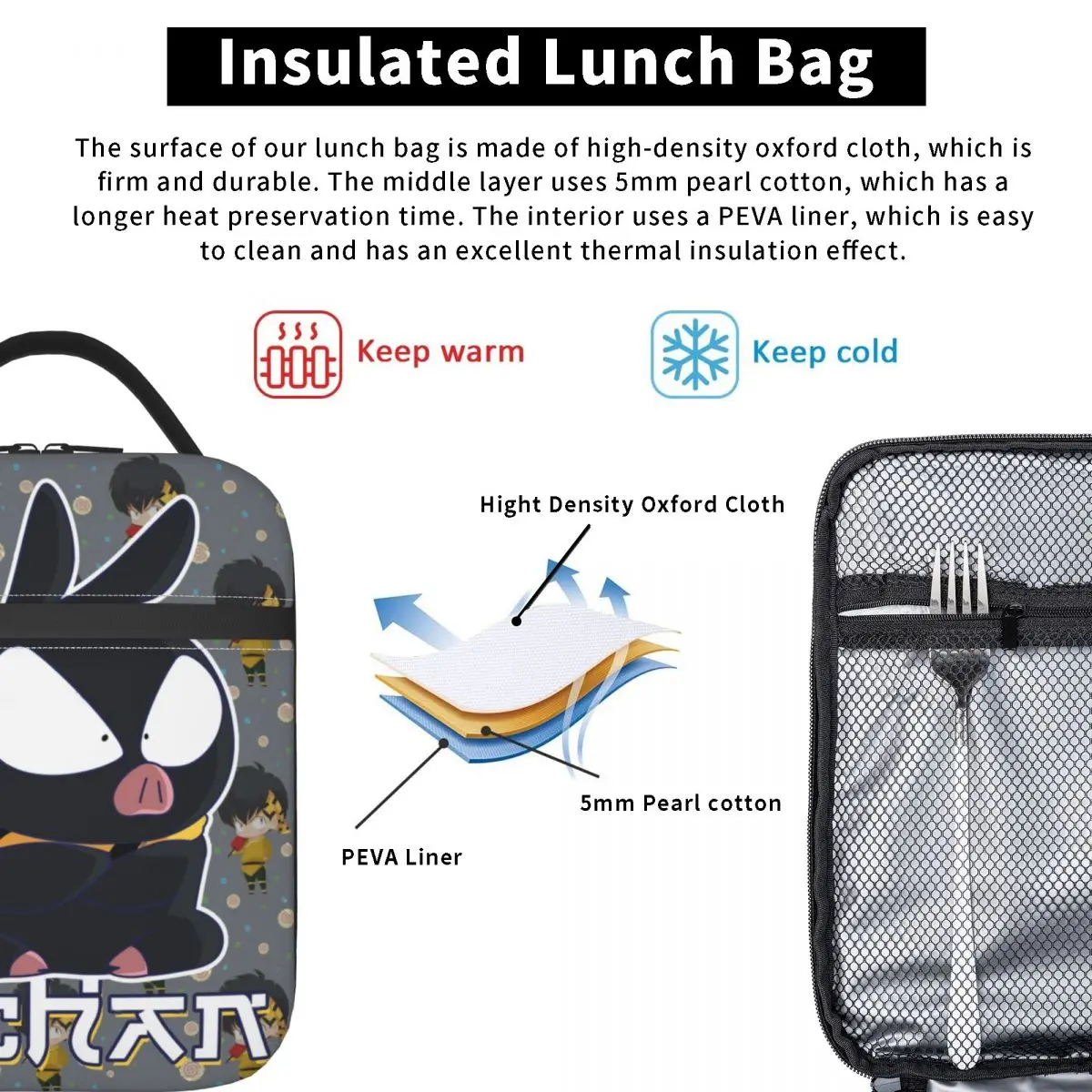 Ryoga Hibiki Ryoga Hibiki Porco Acessórios Isolados Lunch Bag Recipiente Almoço Escolar Portátil Cooler Térmico Casual Bento Box