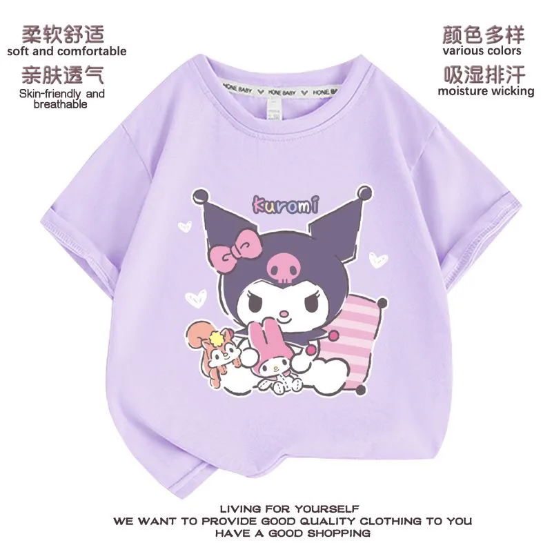 

Kuromi аниме Kawaii Sanrio Ins модная футболка с короткими рукавами летняя милая хлопковая детская толстовка с героями мультфильмов, одежда, подарки для детей