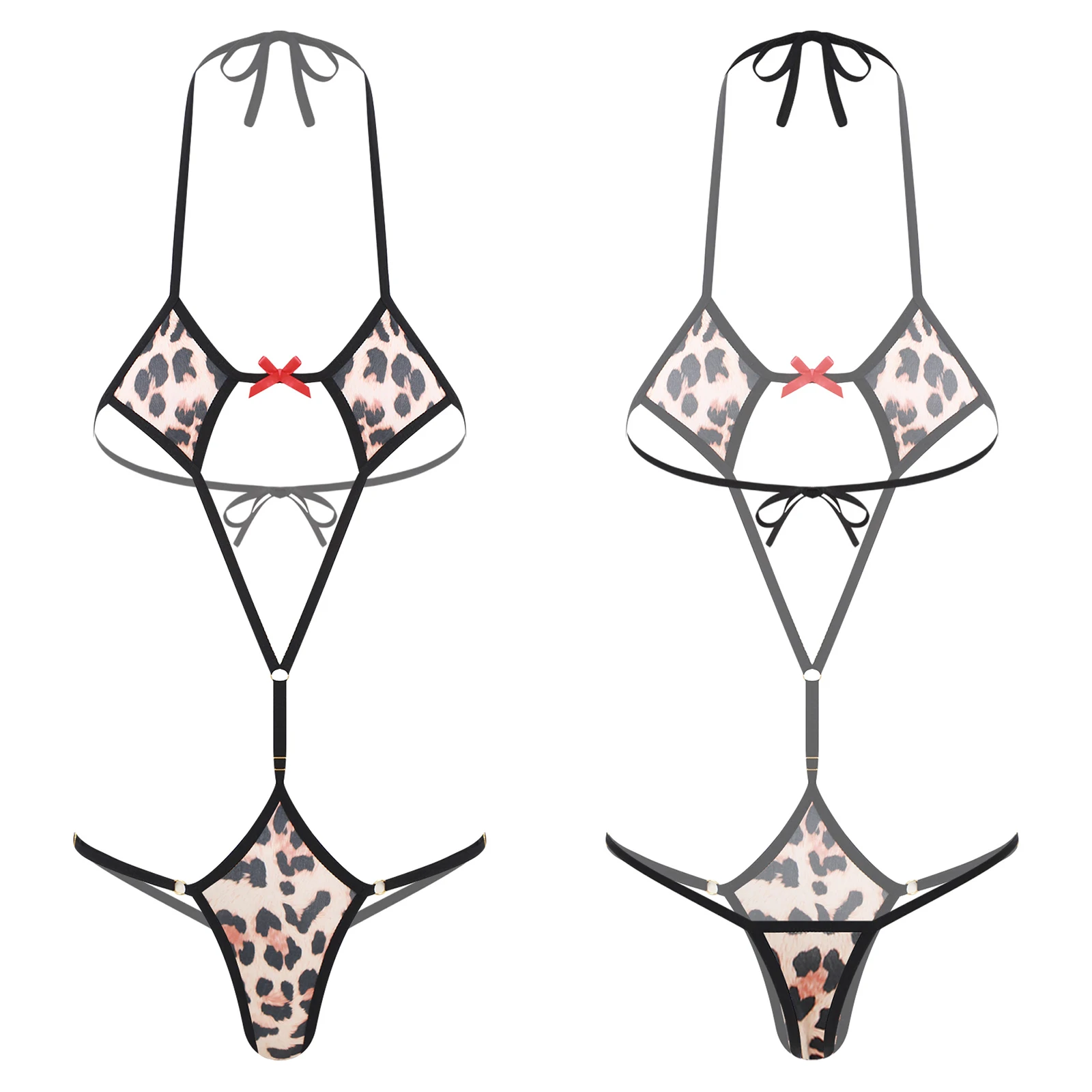 

Women Sexy Leopard Print Bikini Suits Three Point Lace-up Halter Backless T-back Bodysuits for Private Pool Parties Swimsuits