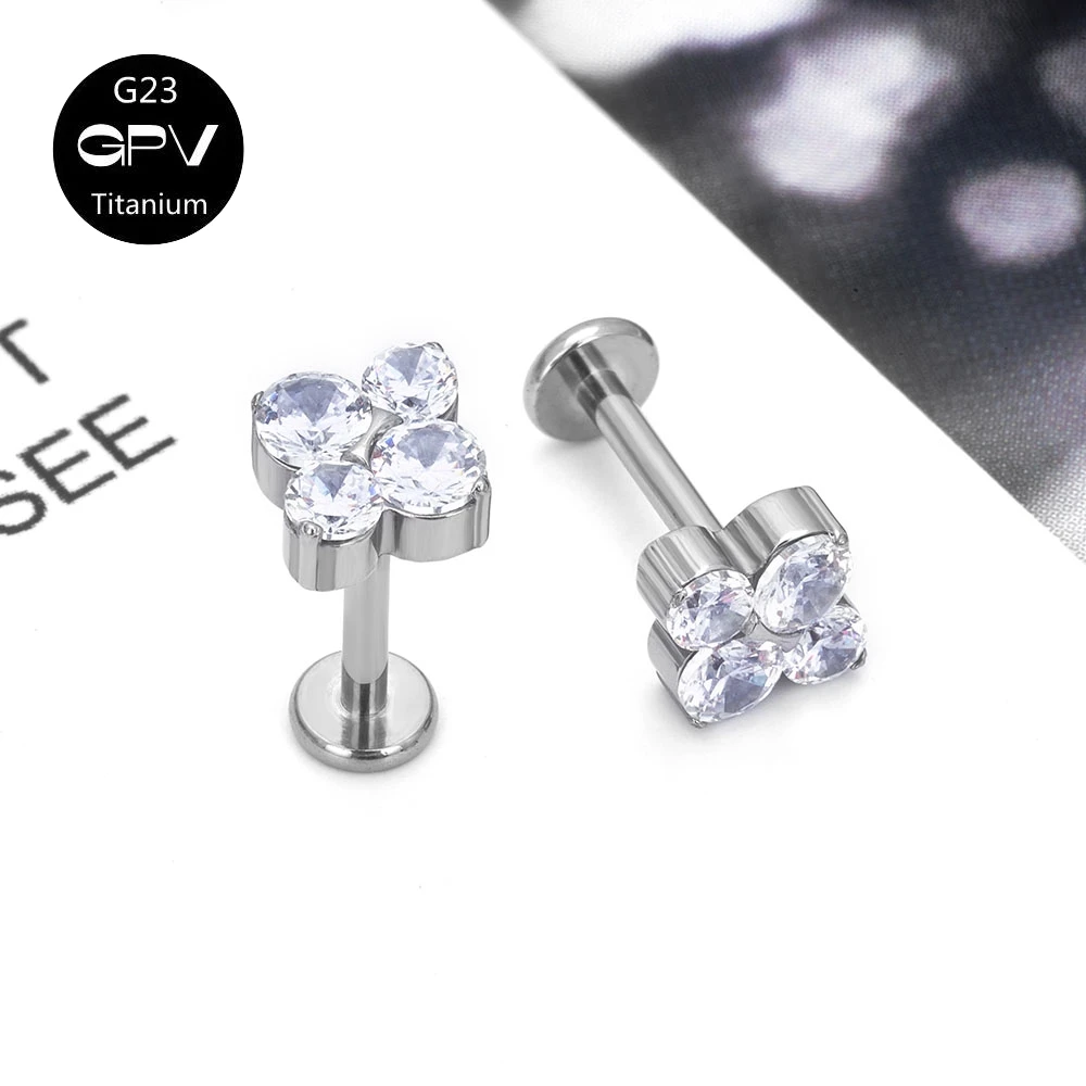 

G23 Titanium Four Petal Zircon Earrings Korean Style Fashionable Internal Thread Earring Studs Ear Screen Perforated Jewelry