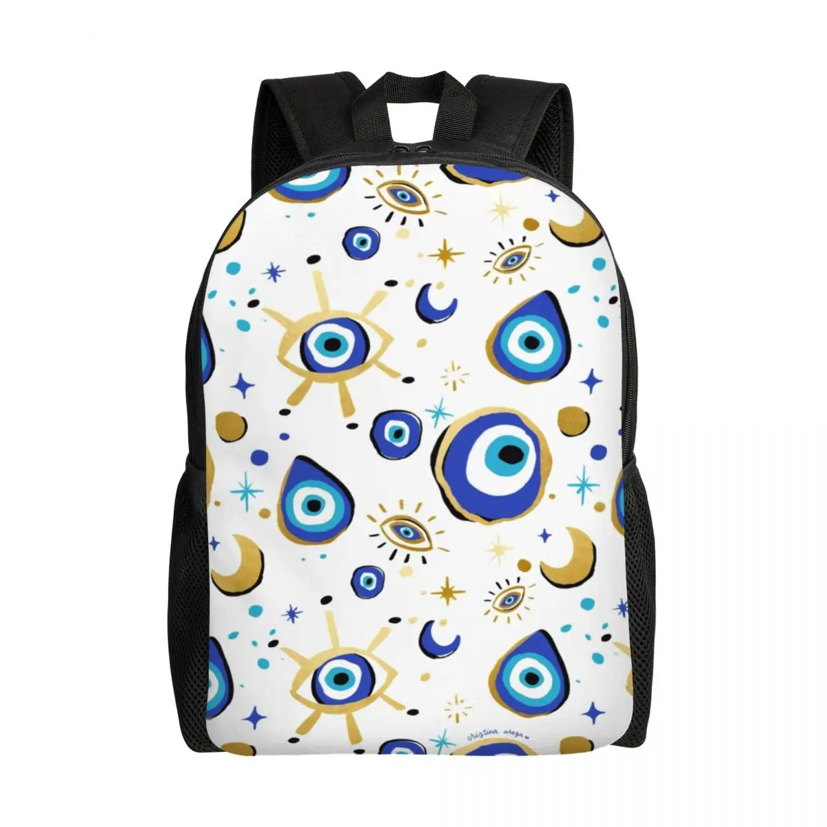 Sac à dos bleu marine et blanc pour ordinateur portable de 16 pouces, sacoche de voyage style bohème, avec motif de mandala mauvais œil méditerranéen