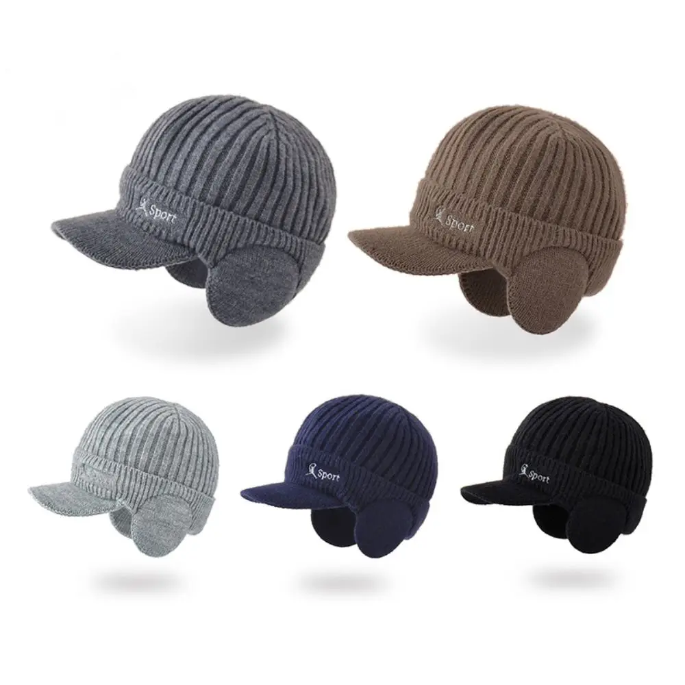 

Casual Thick Men's Winter Hat Add Fluff Windproof Warm Ear Protection Baseball Cap Solid Color Knitted Hat for Outdoor Riding