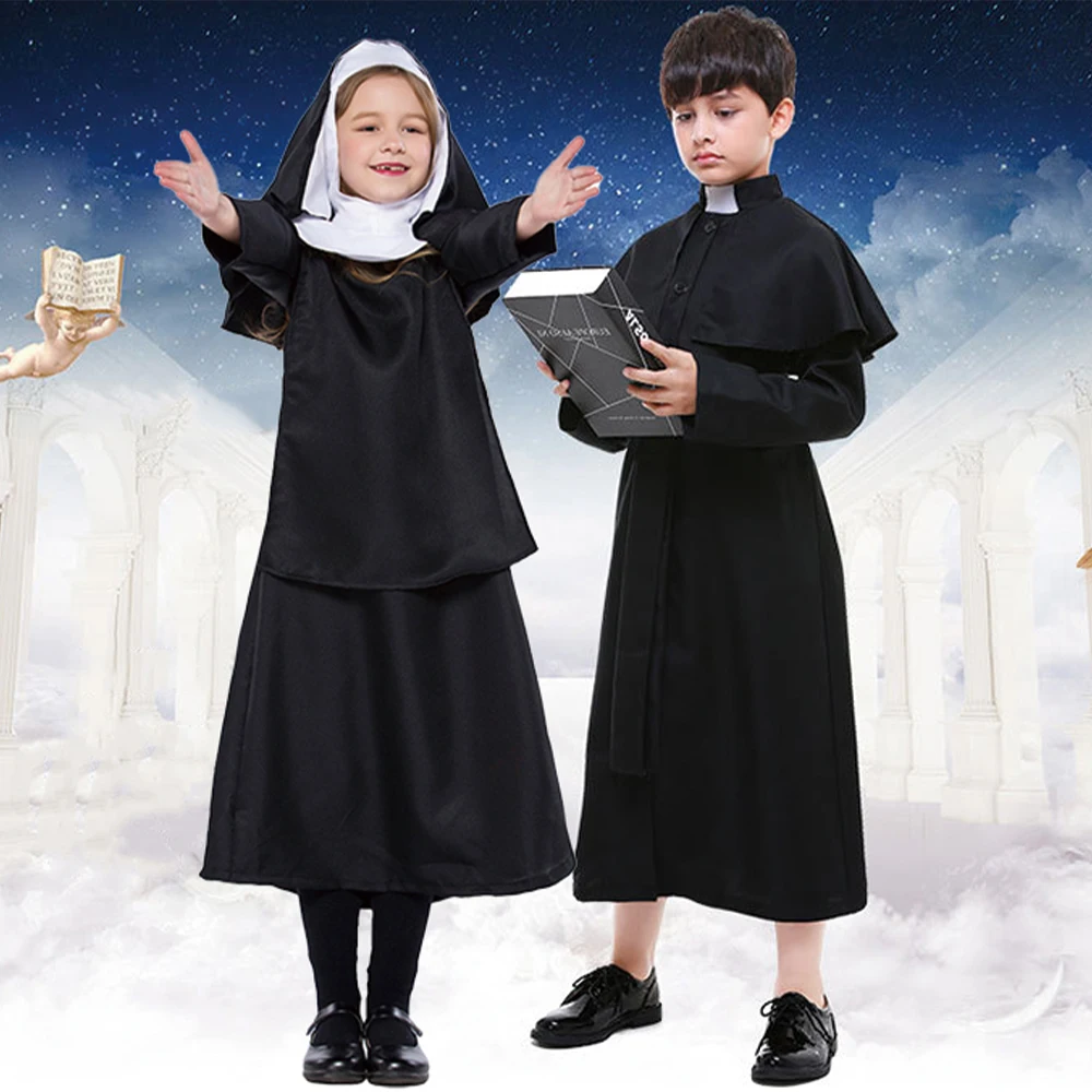 Kids Girls Nun Cosplay Uniform Catholic Sister Black Robe Dress Children Boys Priest Costume Purim Halloween Party Fancy Dress