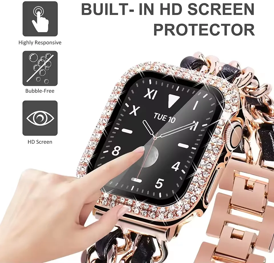 الماس + المقسى فيلم حالة ل أبل ساعة 9 8 7 45 مللي متر 44 مللي متر الزجاج الغطاء الواقي ل IWatch 6 5 4 3 SE3 41 مللي متر 40 مللي متر 42 مللي متر قذيفة