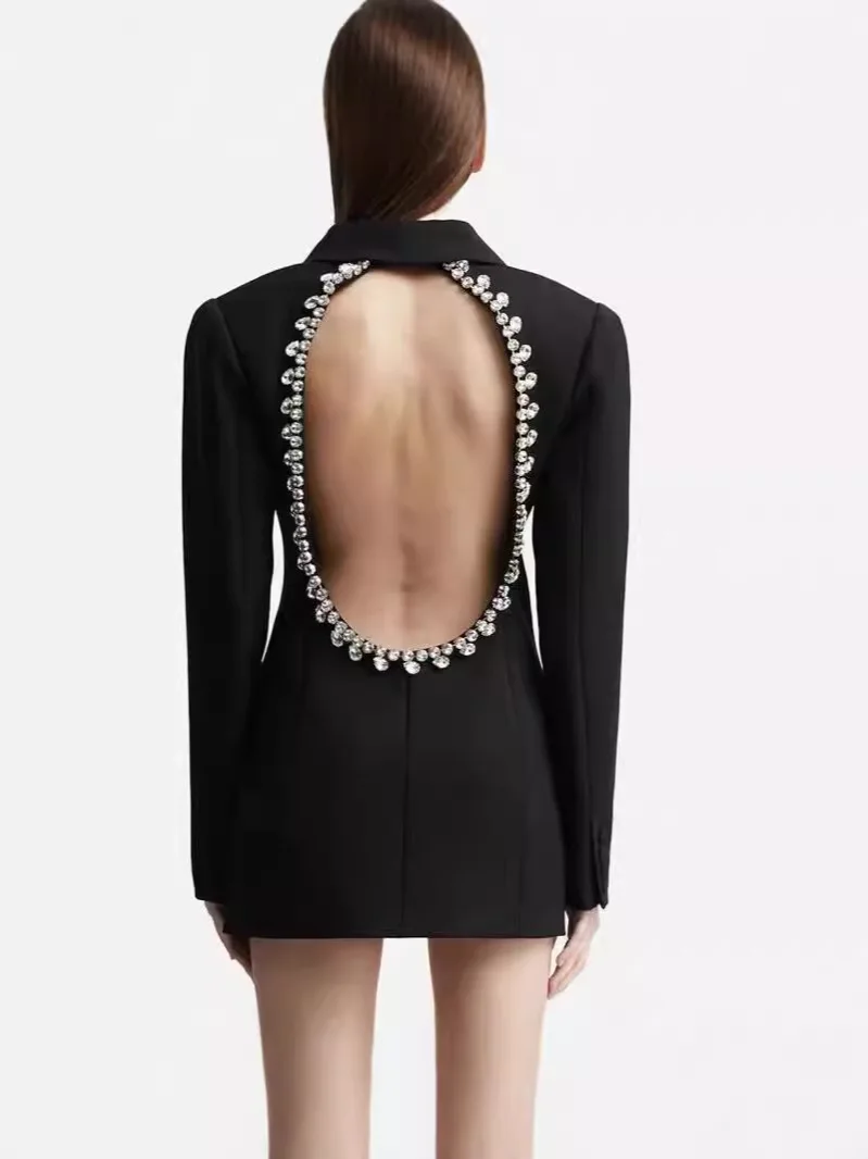 Backless Diamonds Beading Black Blazer Dress New Designer Personalized Open Back Studded Mid Length Suits Coat Jacket Women G711