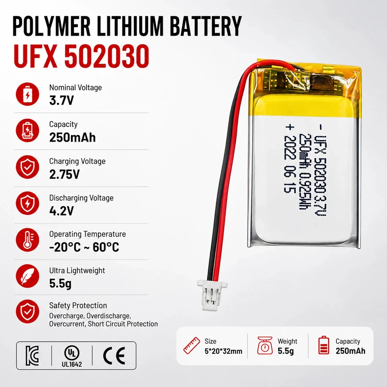 

502030 3.7V 250mAh Rechargeable Li‑Polymer Battery with JST Connector 1‑20pcs for Smart Watch Bluetooth Earphone Toy