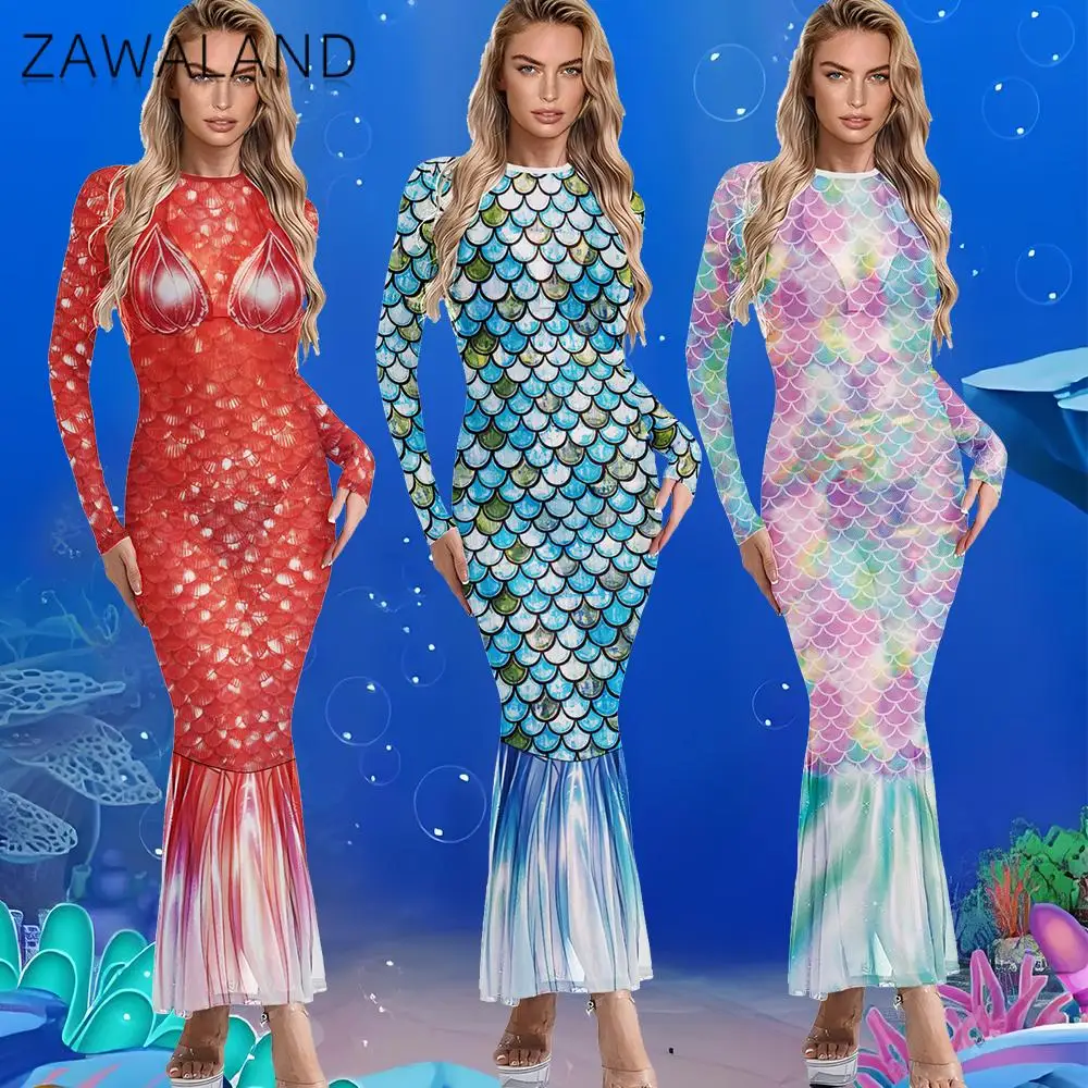 

Zawaland Women Mermaid Costume 3D Fish Scale Print Long Sleeve Bodycon Maxi Dress Halloween Carnival Cosplay Party Fancy Outfit
