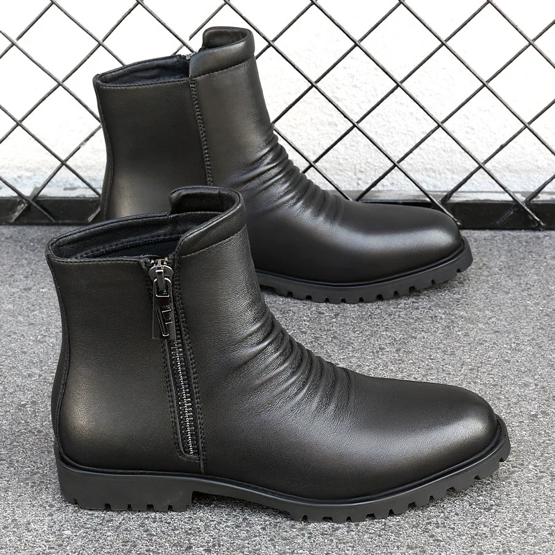 New Men Chelsea Boots Fashion Black Genuine Leather Boots For Man British Style Side Zipper High Top Men Shoes Botas Para Hombre