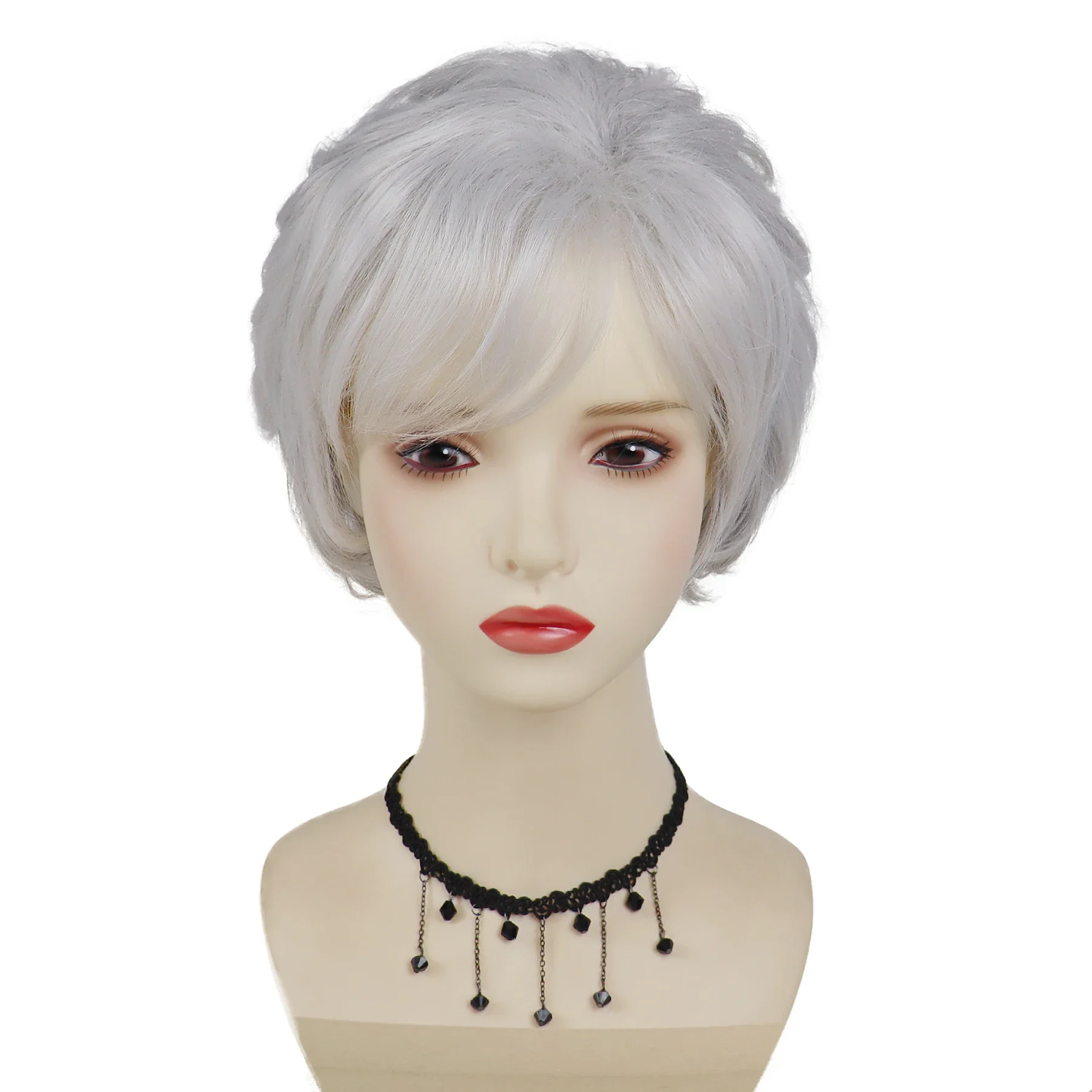 Synthetic Hair Silver Grey Curly Wigs for Women Heat Resistant Natural Grandma Wig with Bangs Short Wigs for Mother Daily Party