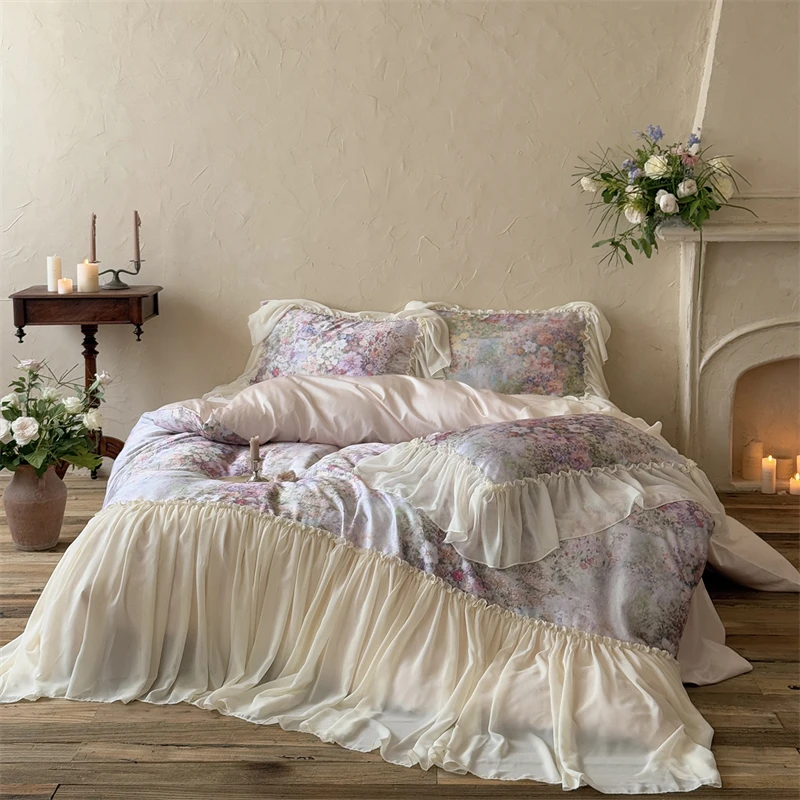 

Flowers Print Chiffon Lace Ruffles Princess Bedding Set 600TC Lyocell Cotton Duvet Cover Flat/Fitted Bed Sheet Pillowcases 4Pcs