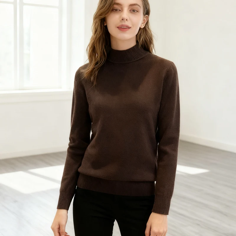 

2025 Повседневный свитер с высоким воротником и длинными рукавами, зимний простой бархатный толстый облегающий вязаный пуловер, теплый однотонный трикотаж15