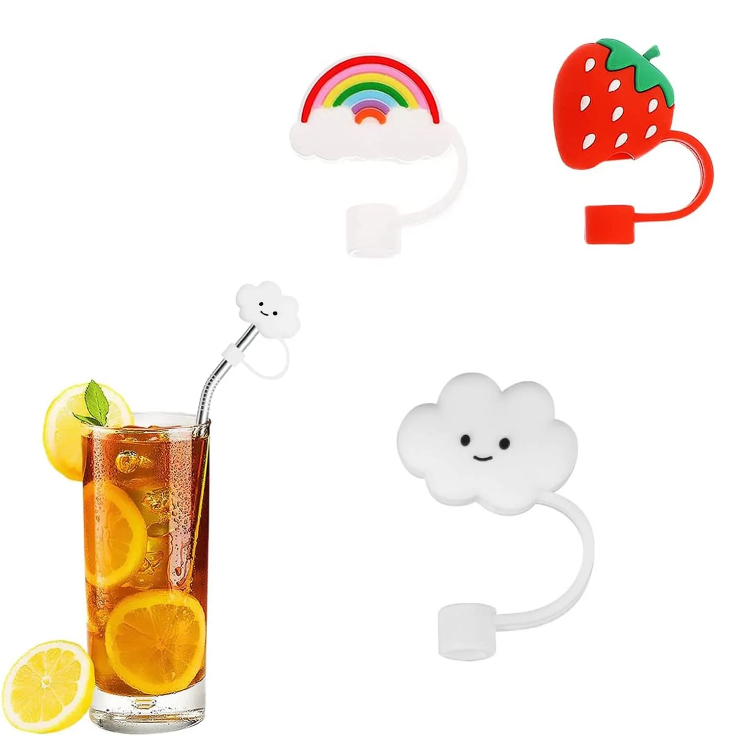 Reusable Straw Cap Protector Silicone Sealing Cover Kitchen Decoration Rainbow Strawberry Cloud Bear Love Heart Paw Sakura