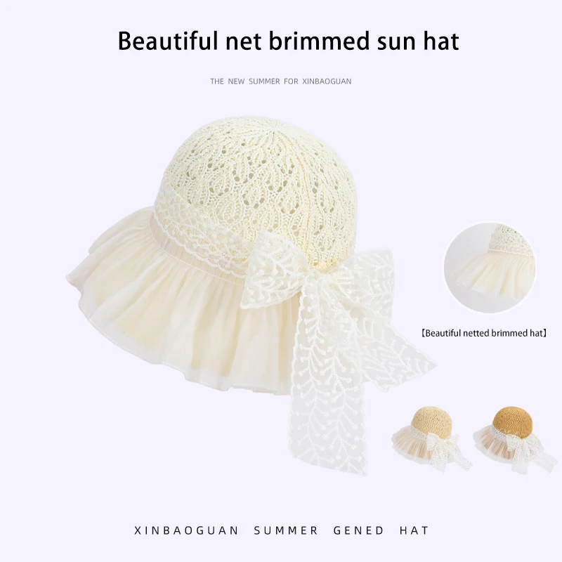 6179-Neuer transparenter, atmungsaktiver Sommer-Sonnenhut für Damen mit Spitzenbändern und Schleife am Rand, Fischerhut im Fischerstil