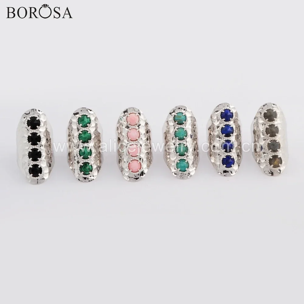 BOROSA 5PCS Silver Color Round Black Agates Malachite Band Ring Labradorite Natural Stone Claw Rings Jewelry for Women Gifts