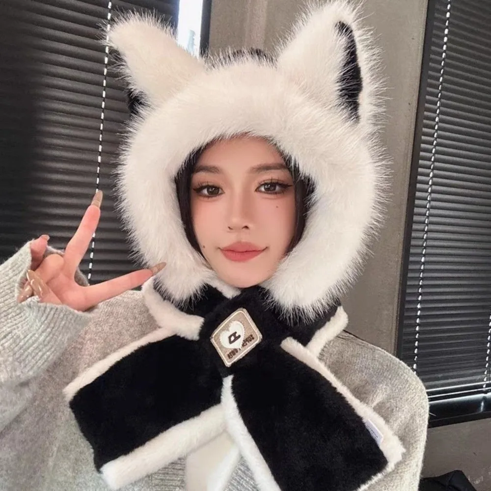 New Fox Ears Integrated Hat Scarf Set Warm Windproof Neck Warmer Coldproof Ear Protection Hat Women