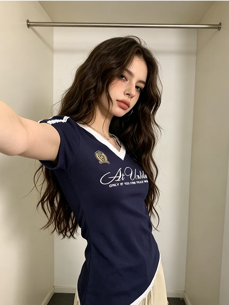 Spice girl V-neck short-sleeved T-shirt women's summer high-end lace stitching shoulder slim slimming top fashion Ins Style
