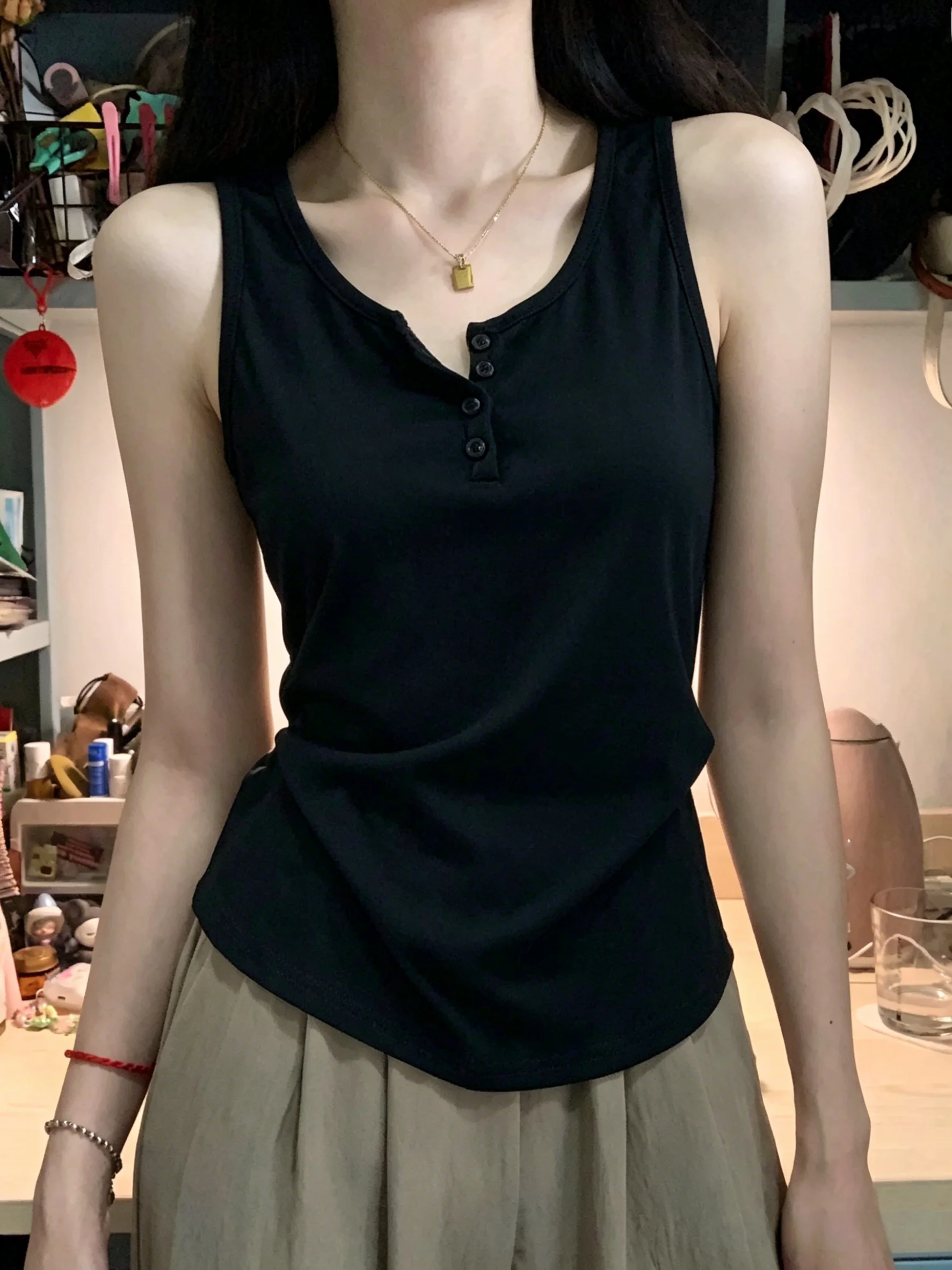 Summer New Large Size Snowflake Cotton Button Strap Vest Women's Inner Wear Outer Wear Loose Top Sleeveless Simple Style