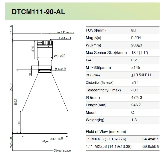 DTCM111-90-AL SQ COOLENS Industrial Camera Lens High Precision Dual Telecentric Lens DTCM111 Series For 1.1 