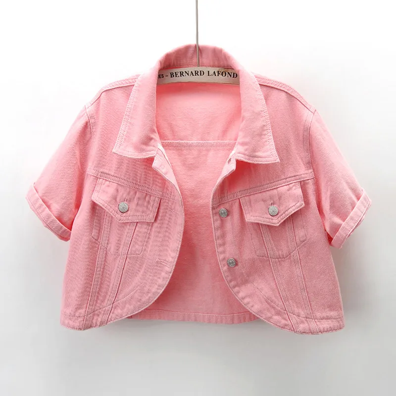 

Spring Summer Women thin Denim Jacket Solid Color Casual Short Jean Coat Female Fashion Short Sleeve Pink Cowboy Outerwear B312