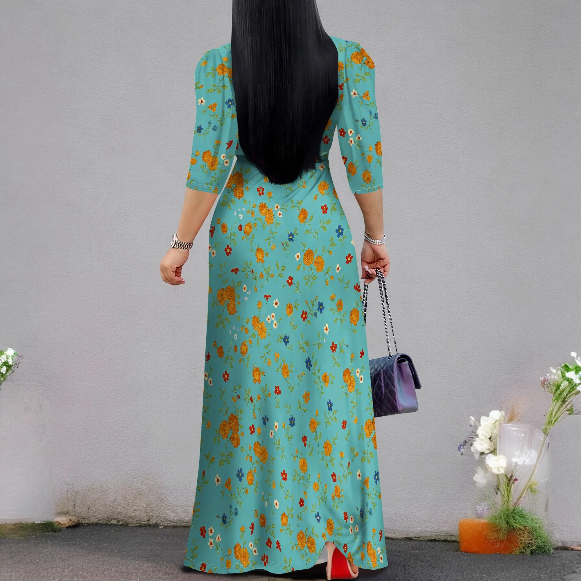 สตรีผีเสื้อพิมพ์ชุดยาว 3/4 Sleeve Wrap V คอลําลอง Flowy Beach Maxi Dresses พร้อมเข็มขัด