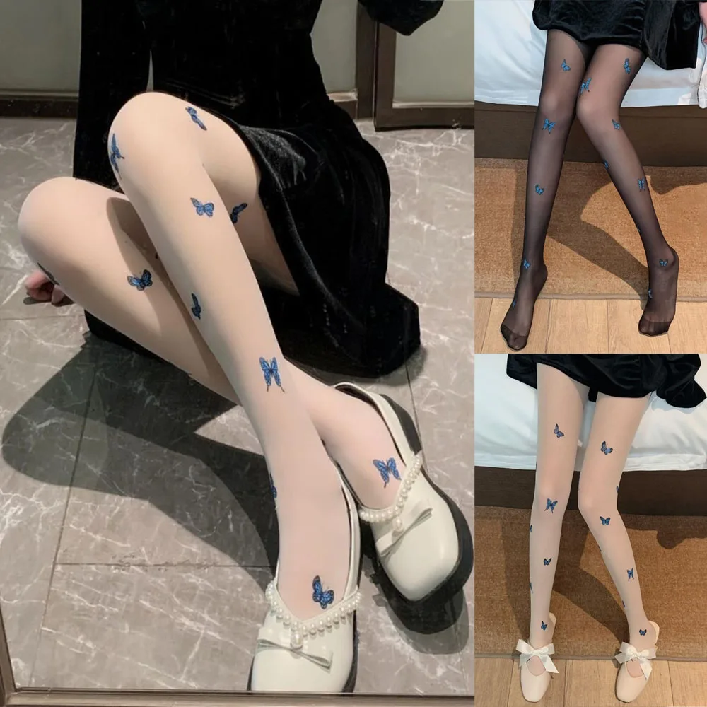 

Silk Socks Women Tights Stockings Pantyhose Butterfly Print Thin Hosiery Stretch Soft Leg Shaping Sexy Glass Silk Women Socks