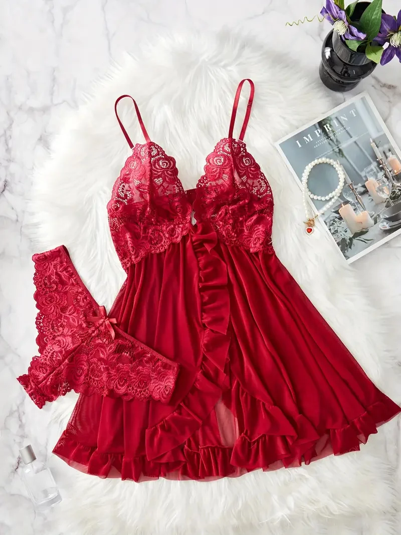 Conjunto de lingerie com babados de renda contrastante, vestido e tanga em V profundo, lingerie sexy feminina e roupa íntima