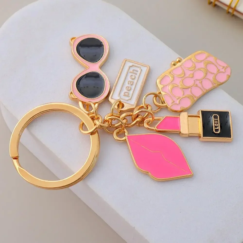 Creative Mini Handbag Shaped Keychain Red Lip Lipstick Sunglasses Keyring Women Girls Backpack Pendant DIY Accessories