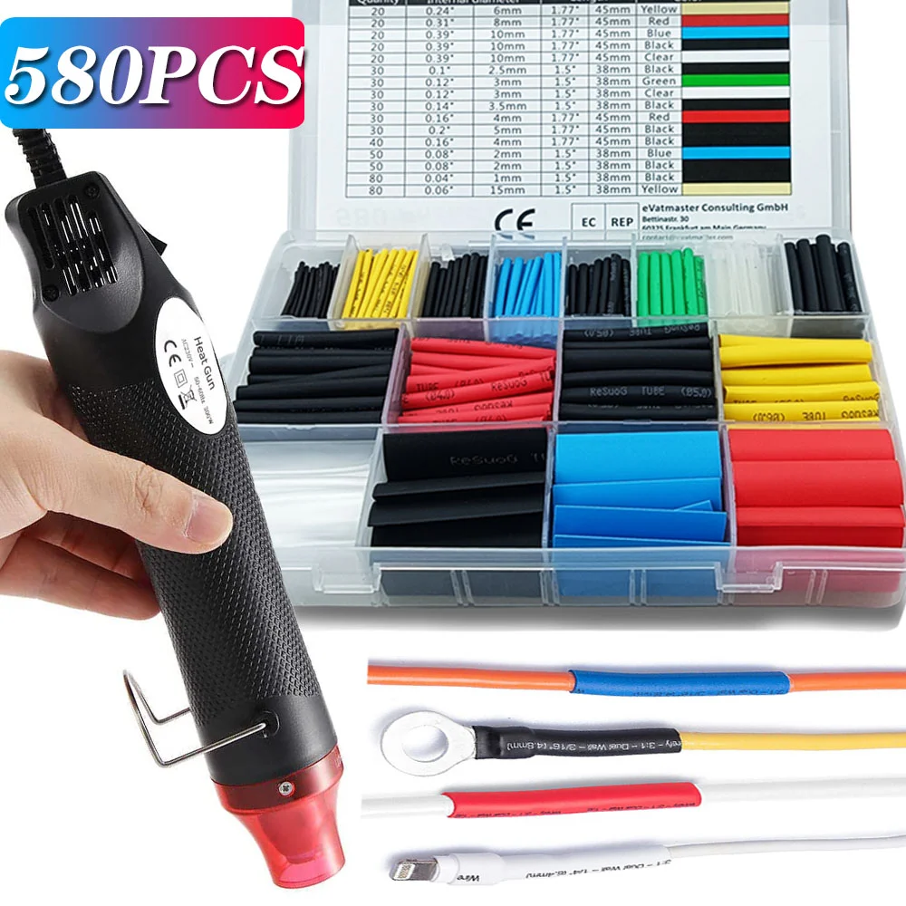 Kit de Tubulação Termo Retrátil 2:1 Fio Retrátil Envoltório Tubo Fio Conectar Capa Proteção com Pistola de ar Quente 328 127 580 Peças