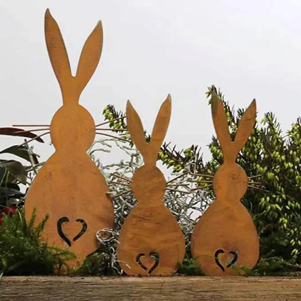 

3 Pcs Easter Rusty Metal Bunnies Yard Decors Iron Stakes Bunnies Figurine Crafts Fence Art Decor Metal Bunnies Statues