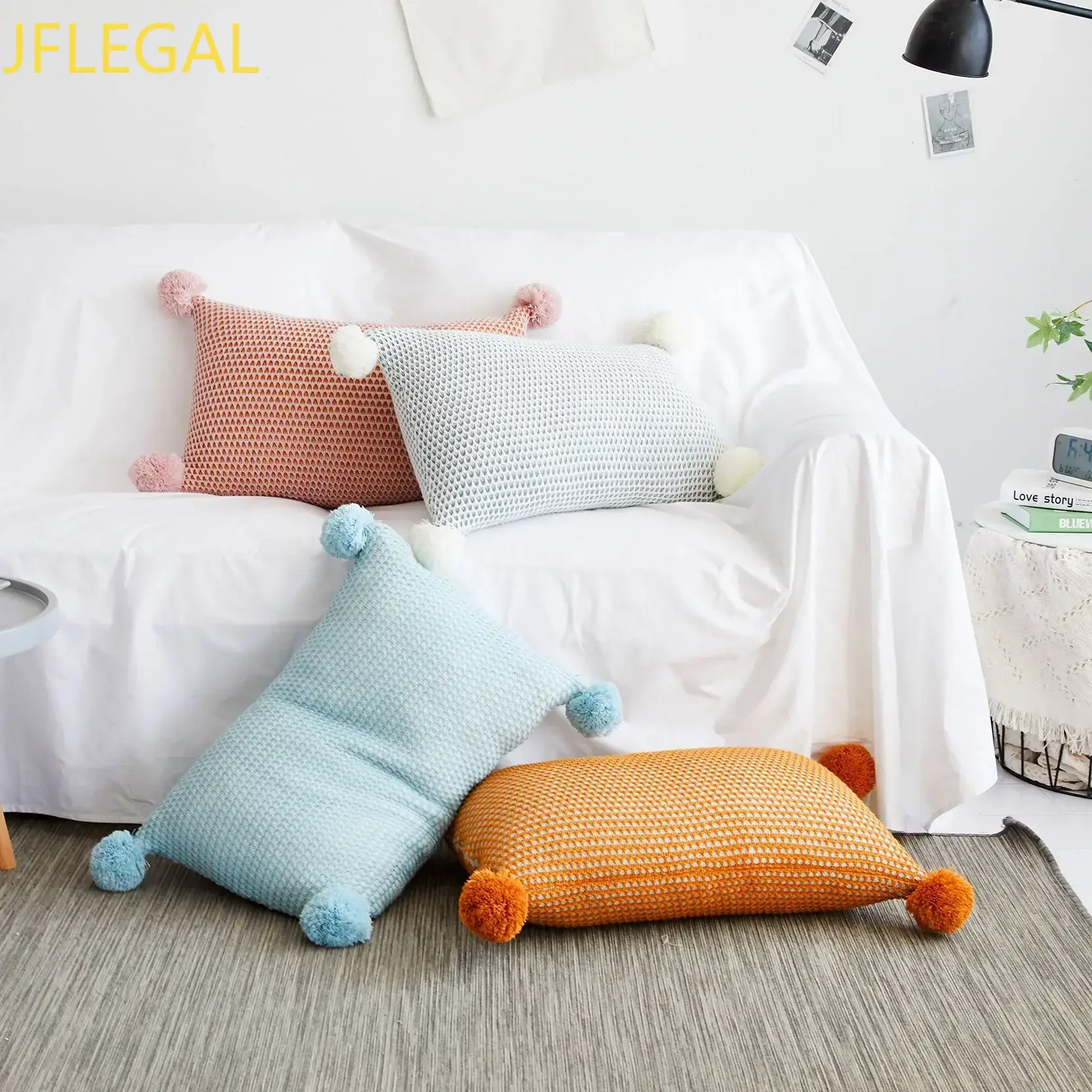 Nordic Knitted Rectangular Throw Pillow with Pom Poms PP Cotton Filled Sofa Waist Cushion Home Living Room Decor