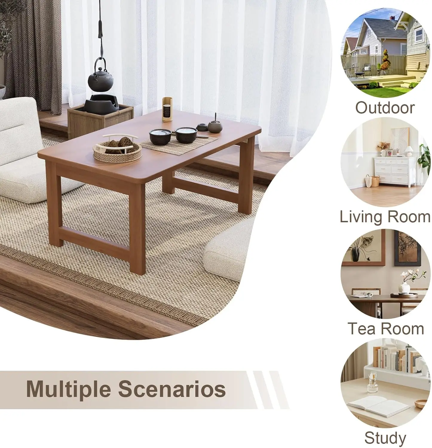 31.5" Japanese Style Dark Brown Folding Coffee Table - No Assembly Rectangular Low Table