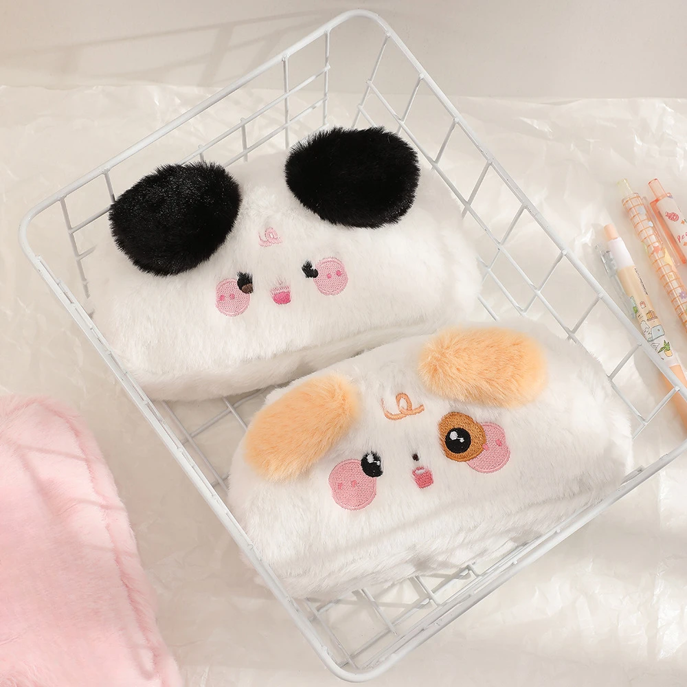 Cute Cartoon Puppy Plush Pencil Bag Kawaii Furry Large Capacity Kids Stationery Pen Pouch School Supplies Girls Soft Makeup Bag