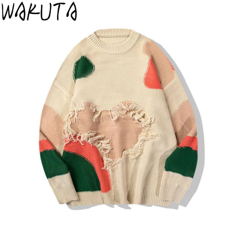 WAKUTA Streetwear Harajuku New Sweaters Tassel Painting Heart Couples Tops Autumn Winter 2024 Casual O Neck Loose Knit Pullovers