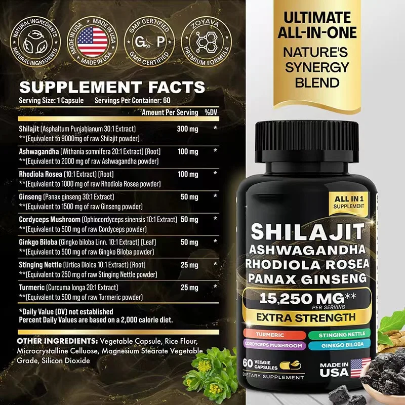 All In 1 Organic SHILAJIT Capsules Ashwagandha Ginseng 8 In 1 Ses Moss Capsules with Black Seed Oil Support Immunity