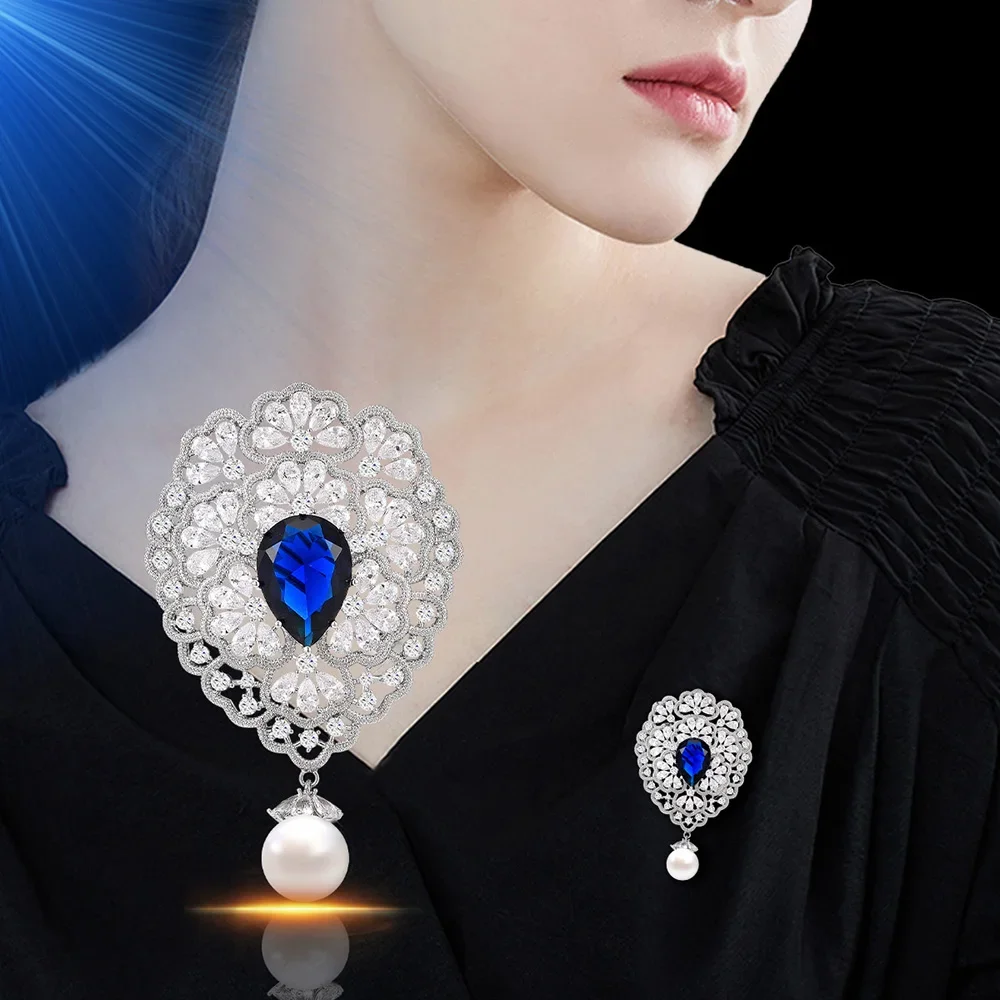 Luxurious Palace Style Blue Crystal Zircon Brooch Elegant Pearl Pendant Brooches for Women Scarf Coat Pins Wholesale Jewelry