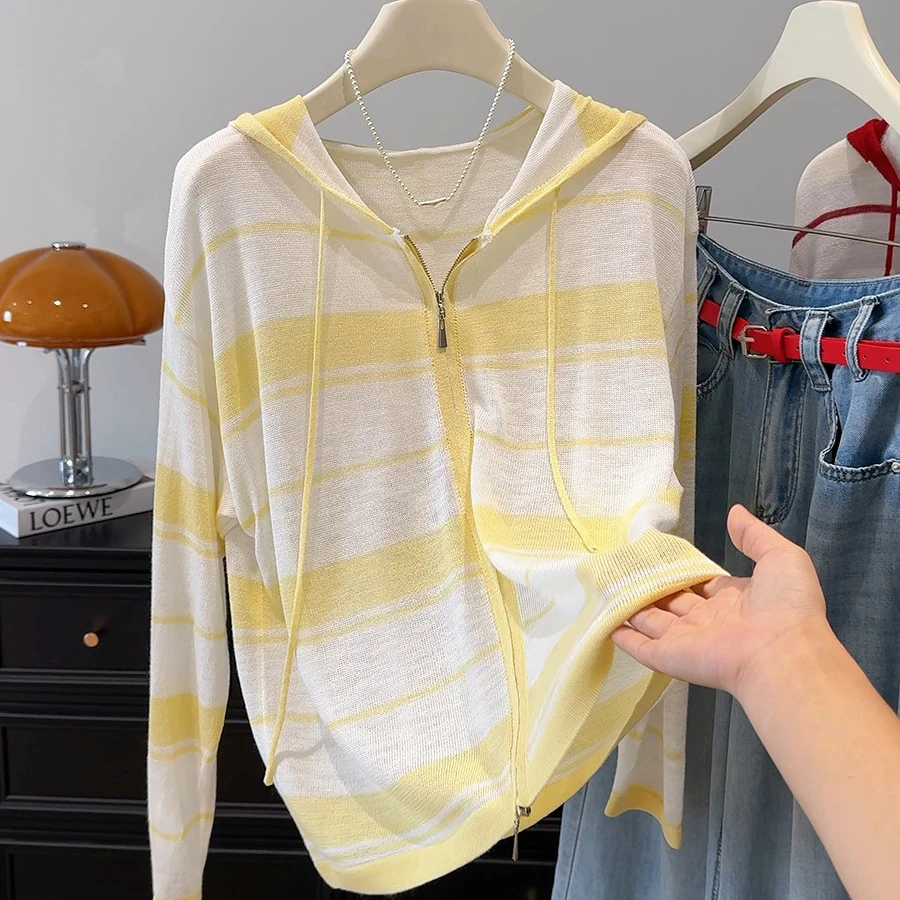 

Striped Kniited Cardigan Women Summer Fashion Thin Outerwear Long Sleeve Loose Hooded Sunscreen Shirt Female Casual Tops