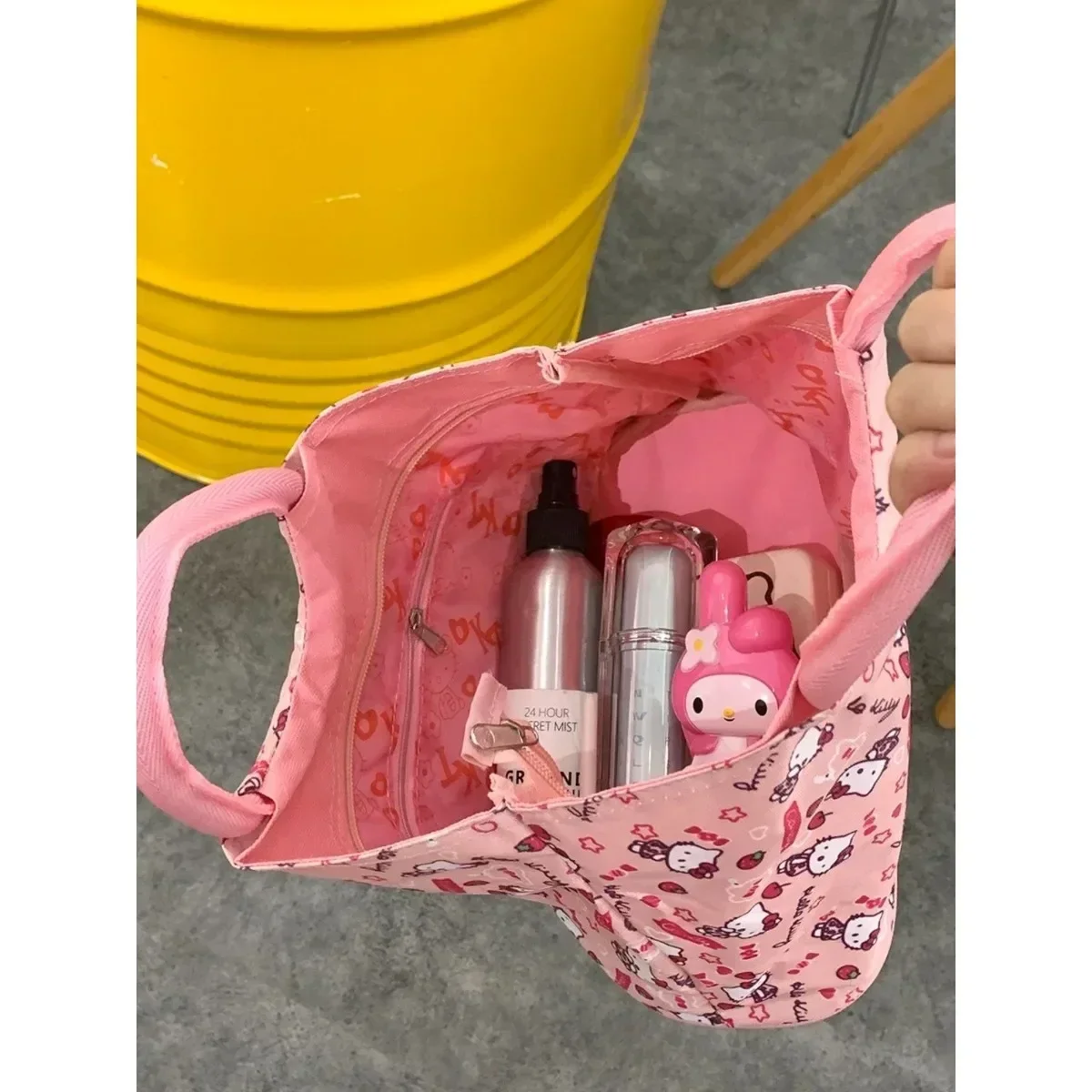 Hello Kitty Tote Bag Miniso Pink Cartoon Print Zipper Portable Shoulder Bag Versatile Large Capacity Travel Makeup Storage Bags