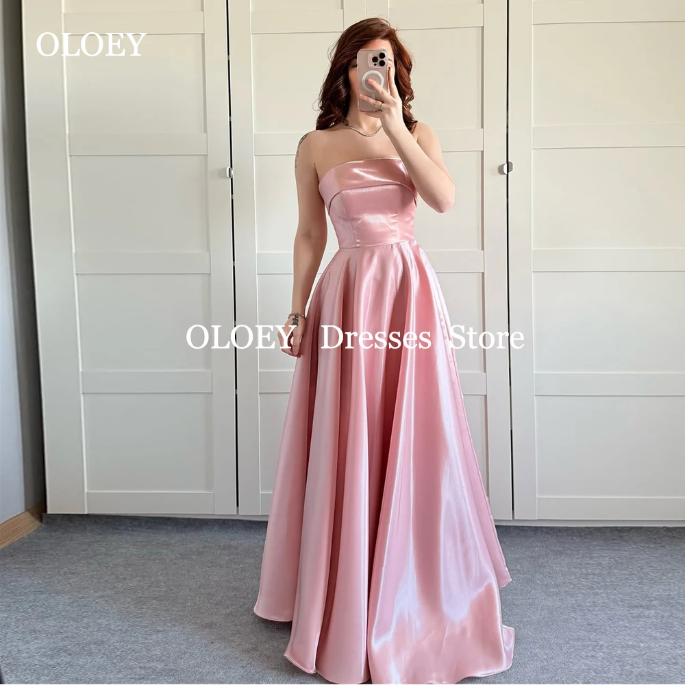 

OLOEY Modest Pink Strapless A Line Eveing Dresses Pleats Shiny Wedding Party Gowns Customized Floor Length Corset Formal Gowns